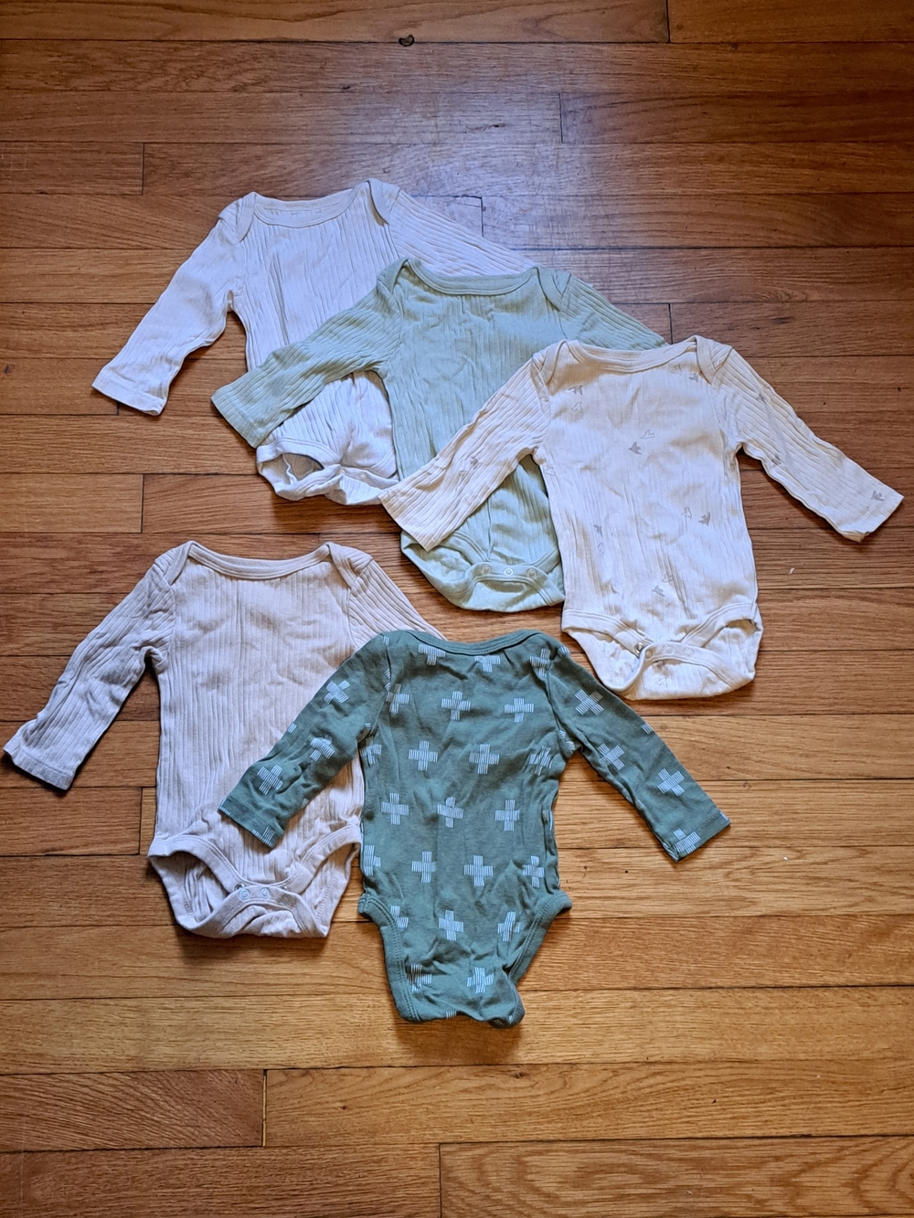cloud island Neutral Cream & Sage Green Long-Sleeve Baby One-Pieces - Set of 5